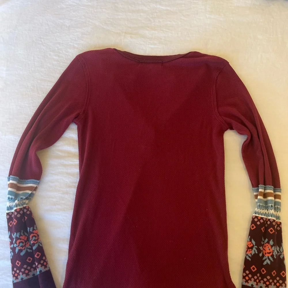 We The Free Burgundy Long Sleeve Top with Patterned Sleeves - Picture 8 of 8